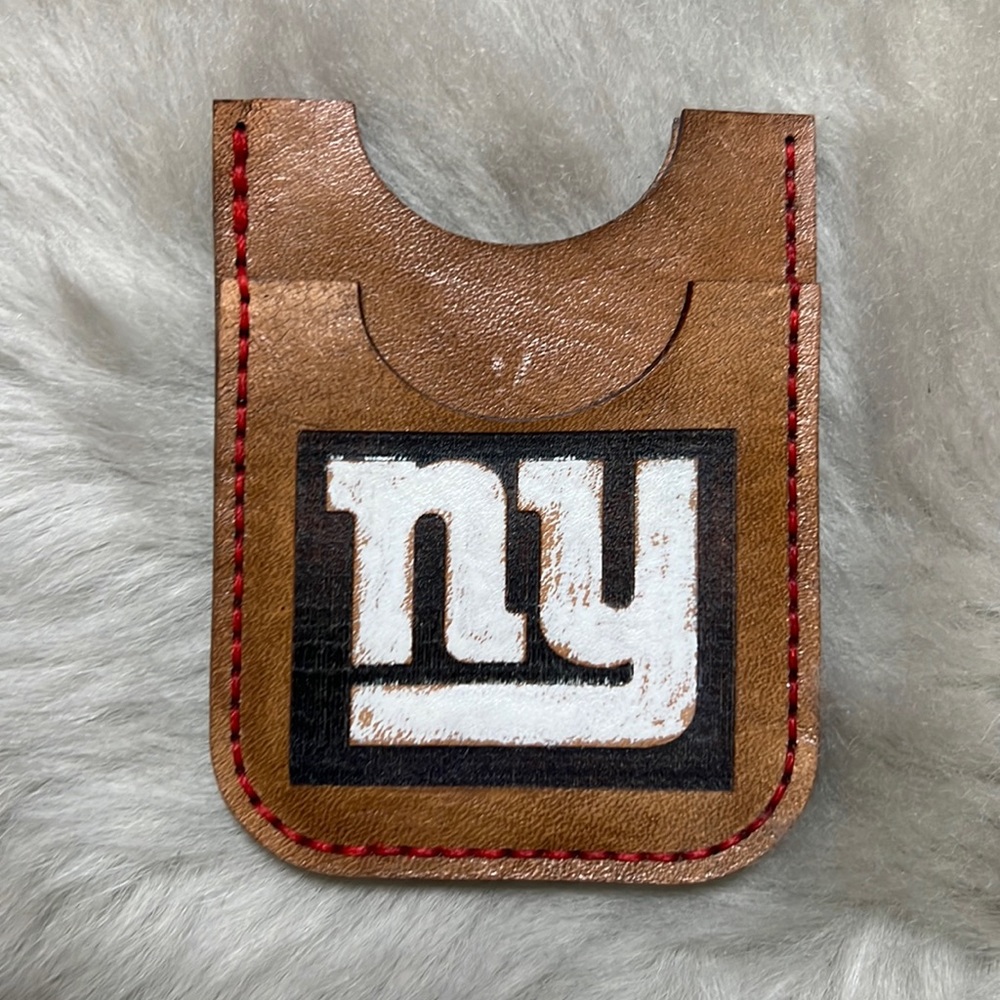Hand Crafted Brown Leather Card Holder with NY Giants Logo